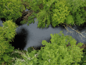 Aerial view of the Owendalluleegh river in Galway