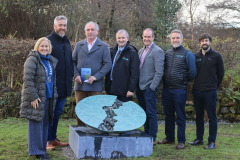At the launch of ‘The Blue Dots of Iveragh’ awareness project in Sneem. The Local Authority Waters Programme (LAWPRO) working on behalf of Ireland’s 31 local authorities aims to protect, restore good or high water quality in rivers, lakes, estuaries, ground and coastal water. The project aims to draw public attention to the High Status objective waterbodies of the Iveragh peninsula and to motivate stewardship and protection of water quality. Minister of State, Chris O’Sullivan, T.D., (2nd Left) was in Sneem to unveil a newly commissioned sculptural piece and screening of a video produced by the LAWPRO Blue Dot Catchments. From left, Cathaoirleach Kenmare Municipal District, Cllr. Norma Moriarty, Deputy Michael Cahill, T.D.,  Anthony Coleman, Director of Services for Local Authorities Waters Programme (LAWPRO), Barry Deane, SW Regional Coordinator LAWPRO, Paul O’Callaghan, Blue Dot Programme manager LAWPRO, Ed Cox, Blue Dot Catchment Scientist (LAWPRO) Photo: Valerie O'Sullivan/FREE PIC